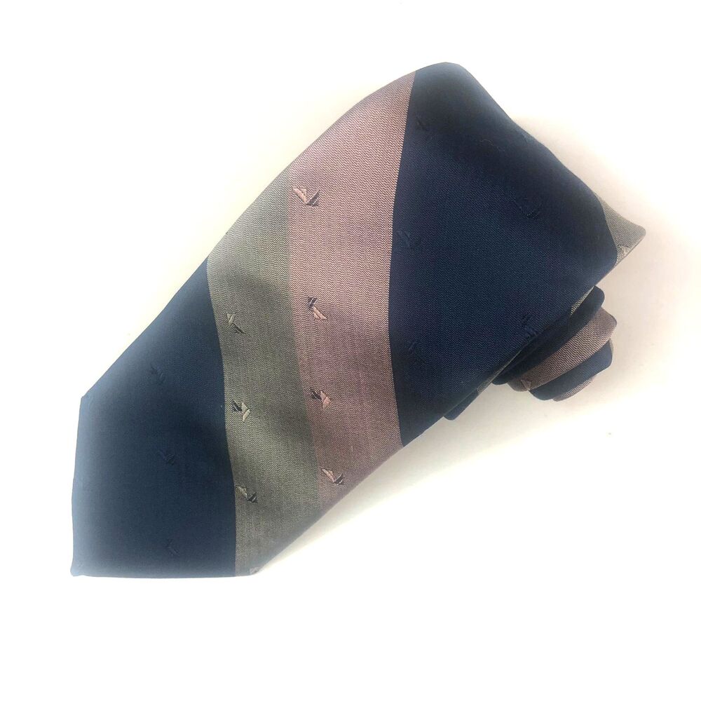 Stafford 100% Silk Tie Navy Blue Sailboat Pattern Nautical Diagonal Stripes USA